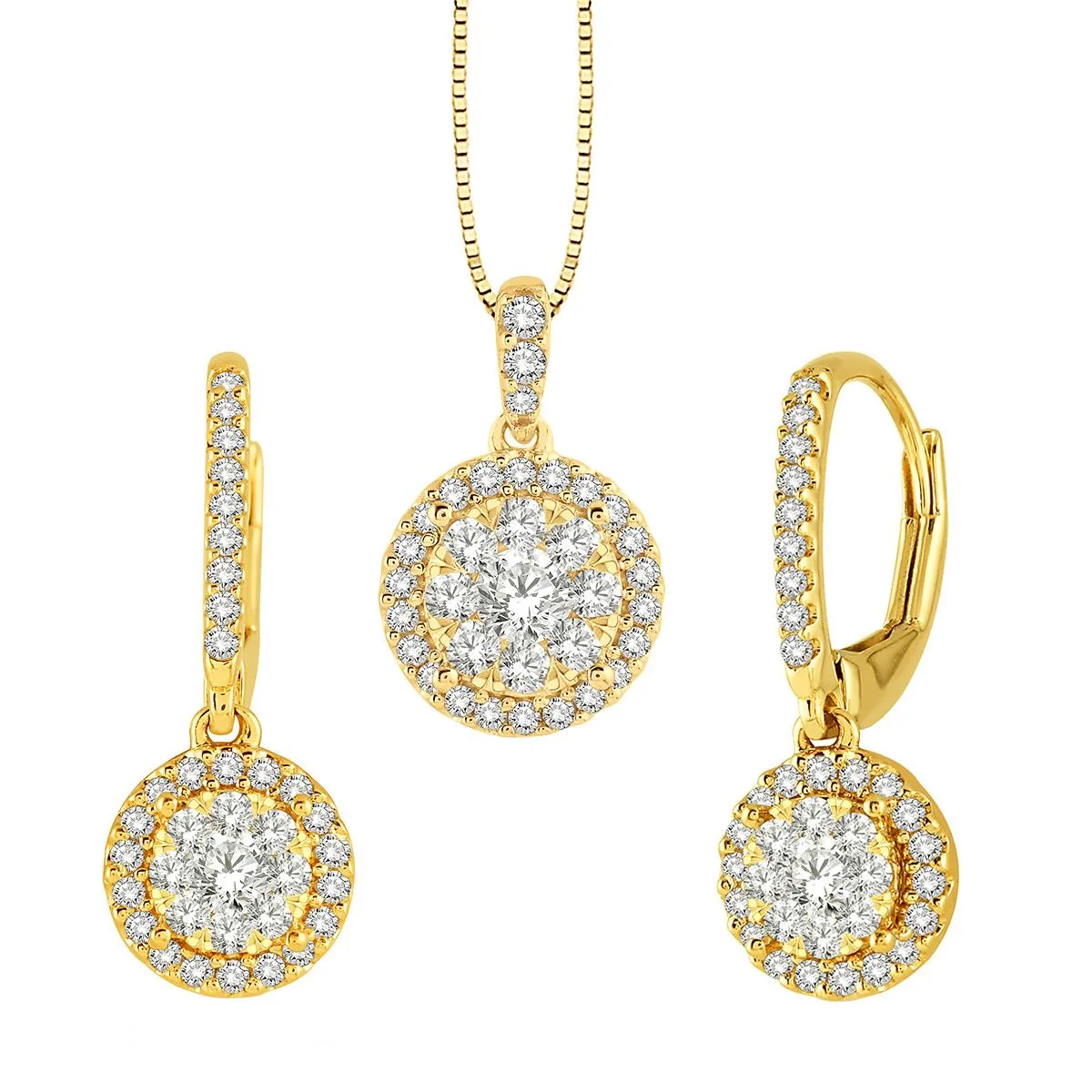 Jilco Inc Diamond Cluster Earring And Necklace Set - Yellow Gold