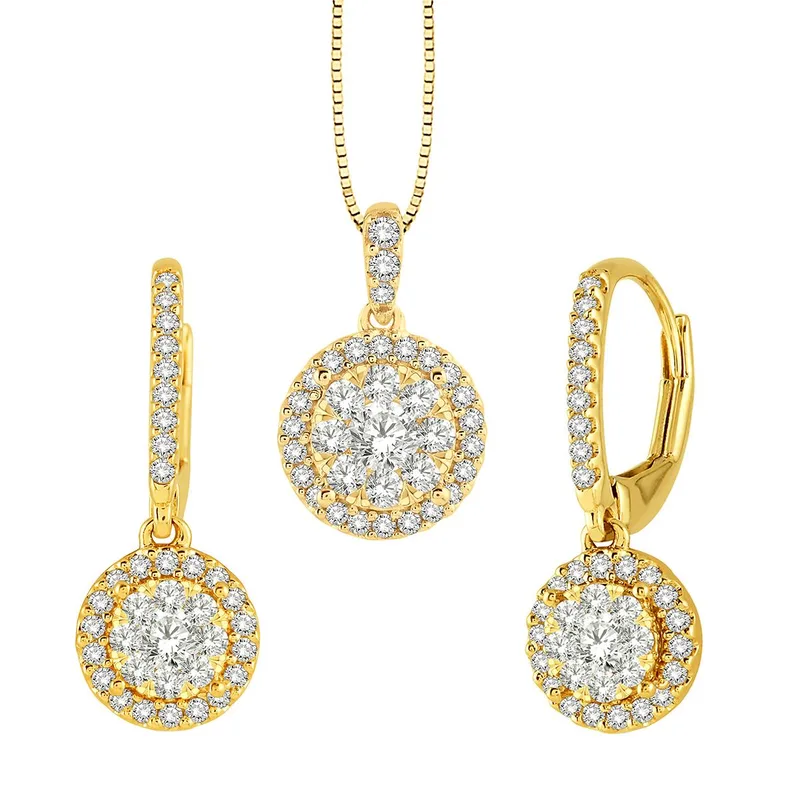 Jilco Inc Diamond Cluster Earring And Necklace Set - Yellow Gold