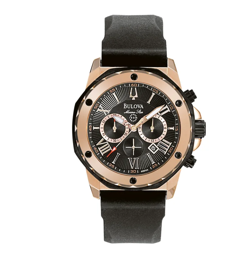 Bulova Watches Men's Marine Star Watch, Black Rubber Strap w/Rose Gold