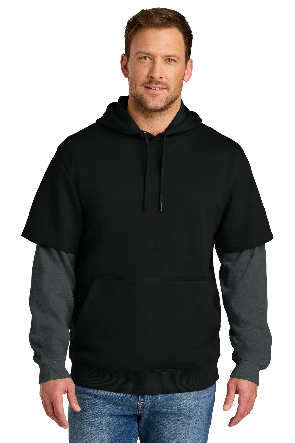 CornerStone® Tough Fleece Layered Hoodie — Black/Charcoal Heather Gray