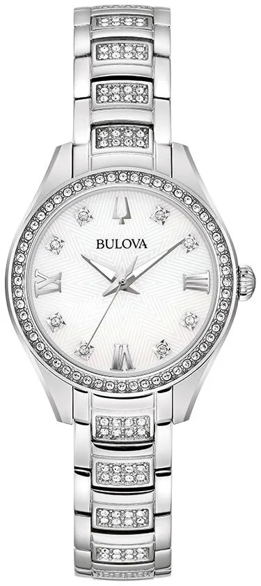 Bulova Watches Ladies' Crystal Stainless Steel Bracelet Watch, White Mop Dial