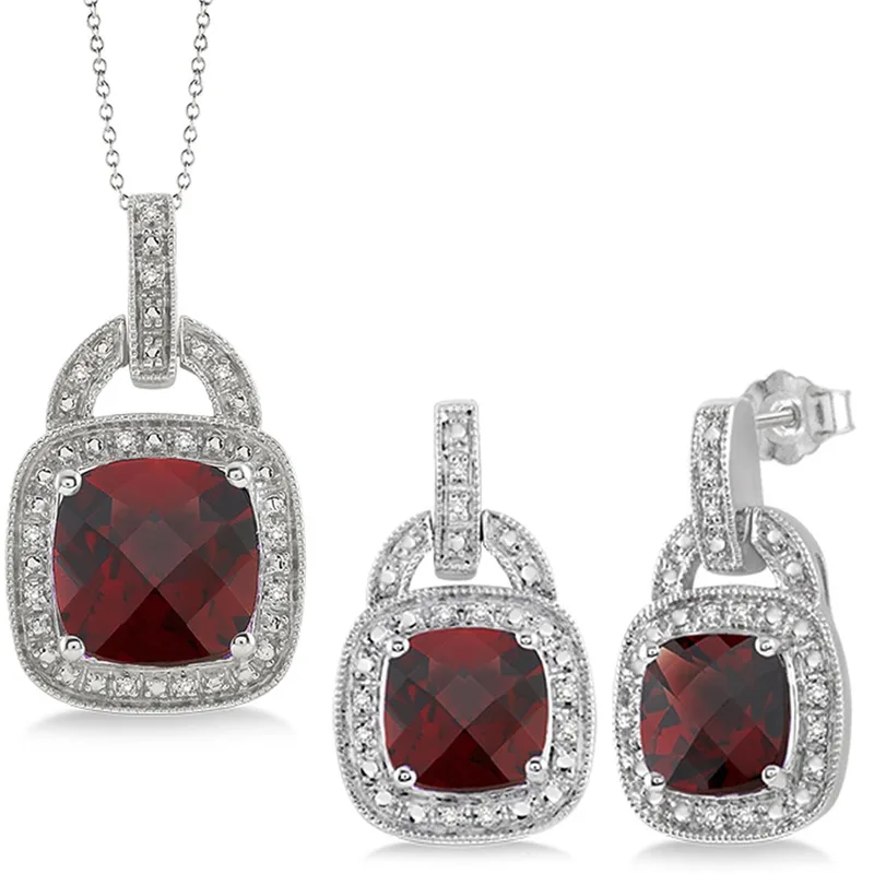Jilco Inc Garnet & Diamond Earrings And Necklace Set
