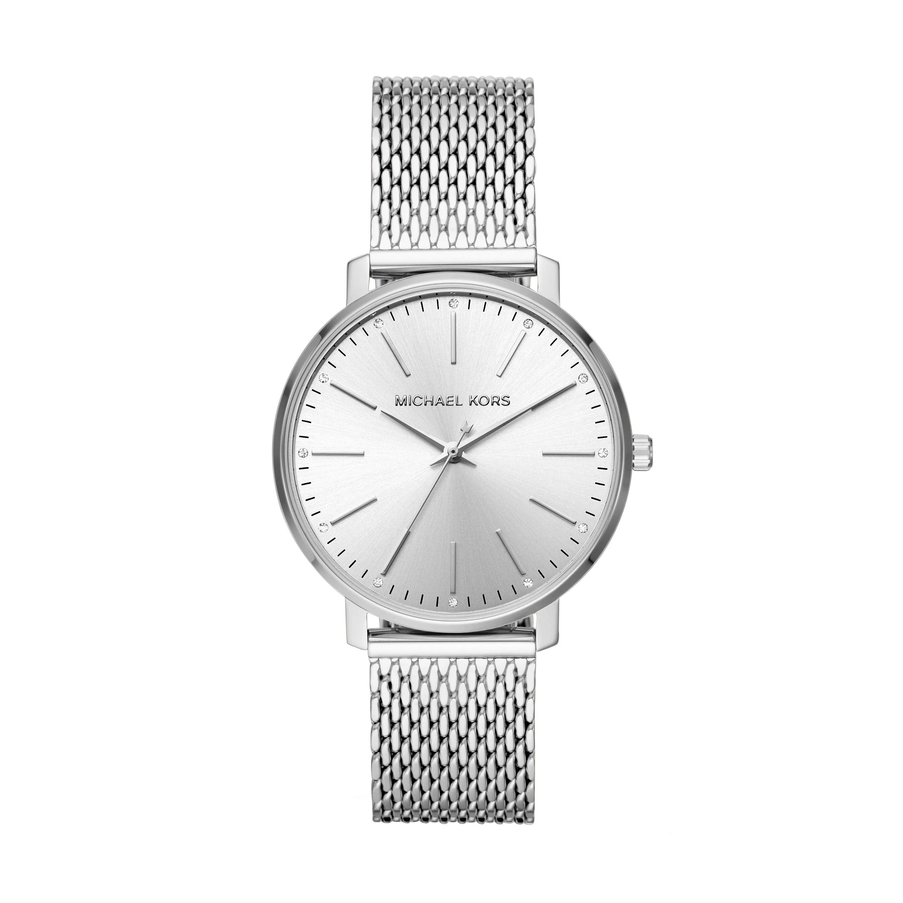 Michael Kors Ladies Pyper Silver-Tone Crystal Accent Mesh Watch Silver Dial