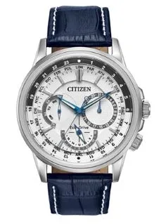 Citizen® Men's Calendrier Eco-Drive® Stainless Steel Watch w/Dark Blue Leather Strap