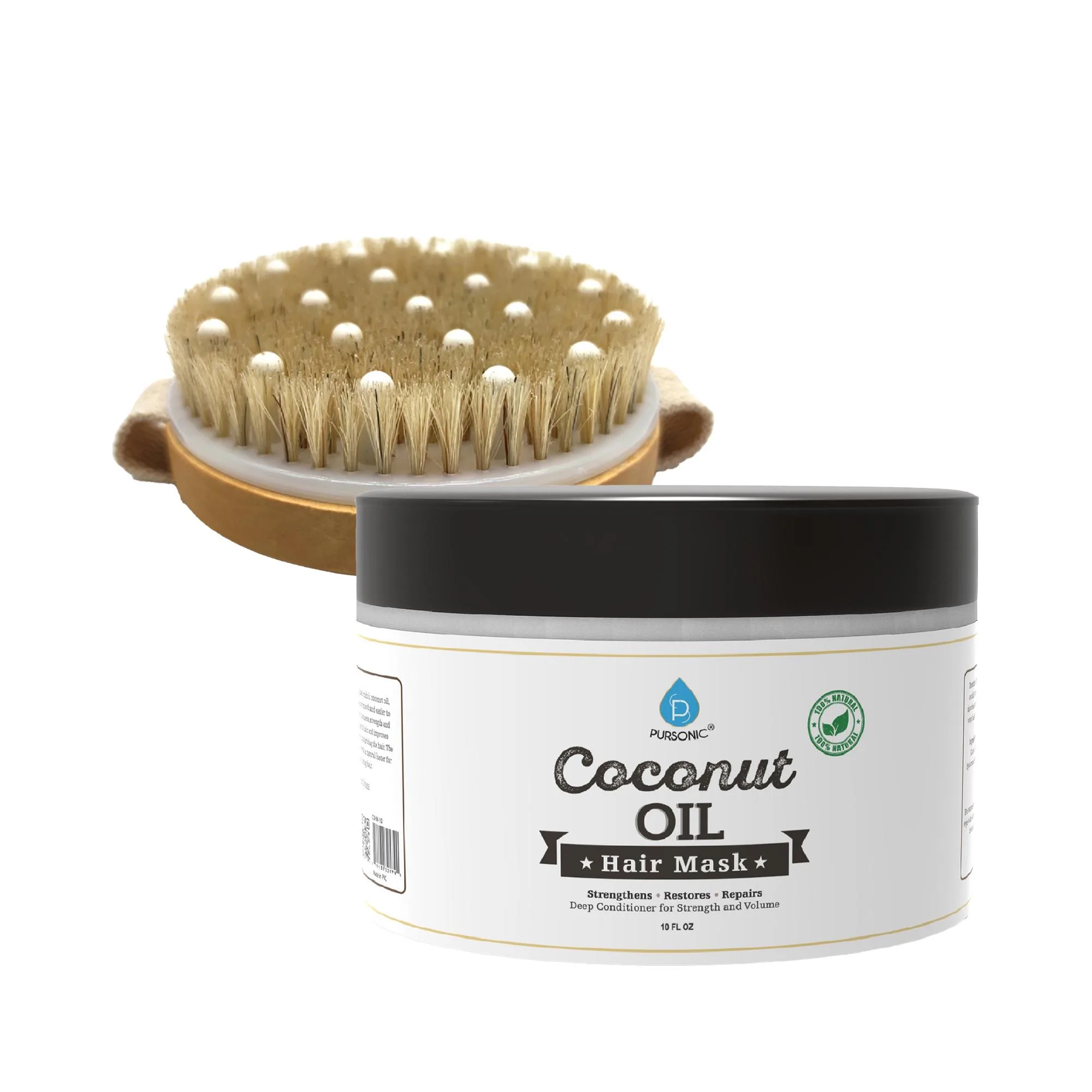 Pursonic Hair Care And Massage Bundle:Bath Brush, Rubber Massager + 100% Coconut Oil Hair Mask 10 Oz