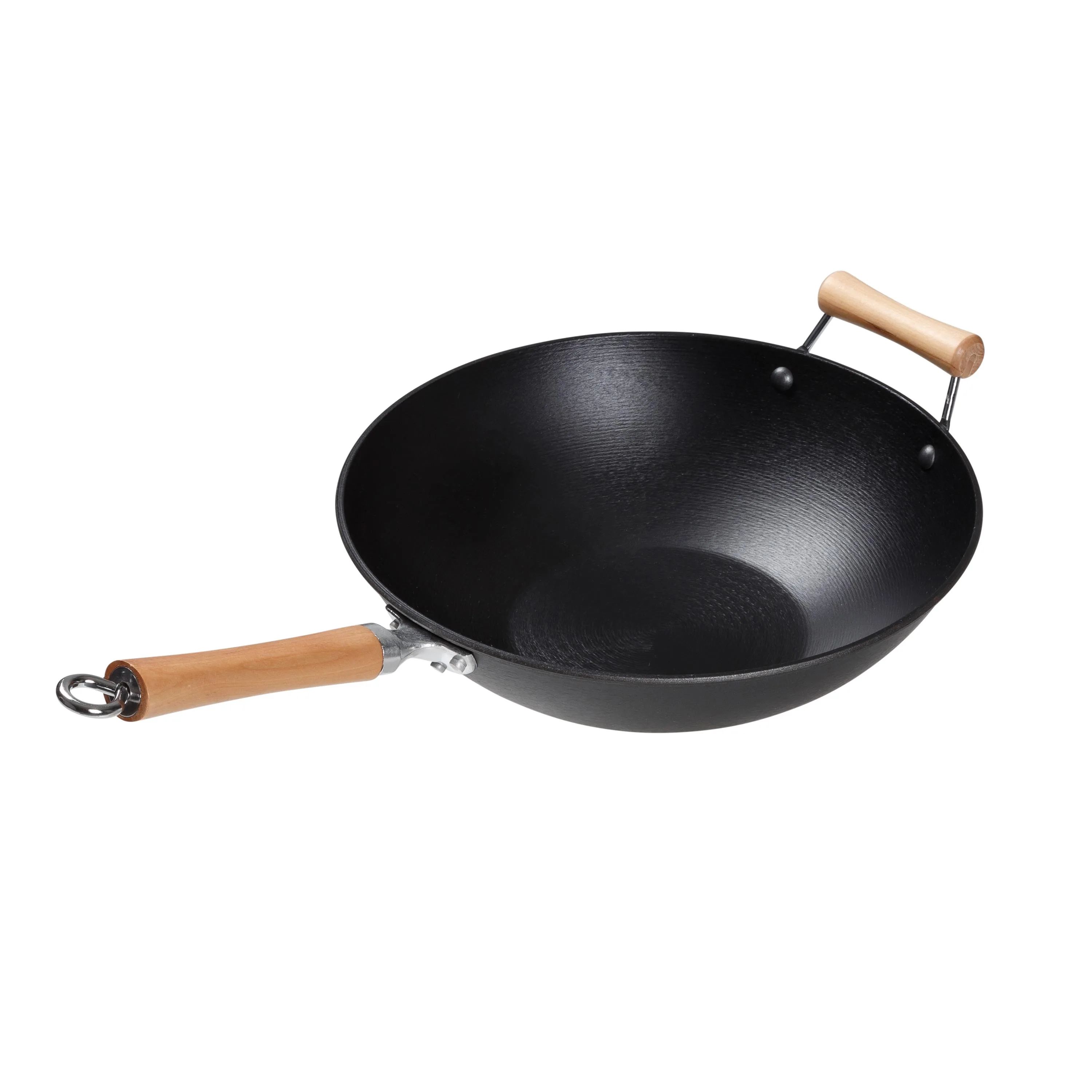 KitchenSupply Joyce Chen Professional Series 14" Preseasoned Cast Iron Flat Bottom Wok Maple Handle