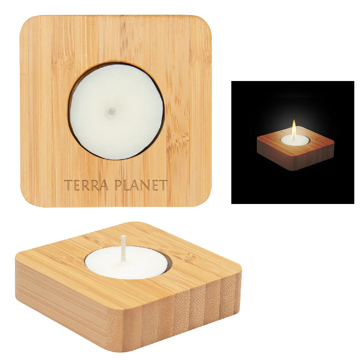 Bamboo Tea Light Candle Holder With Candle view 2