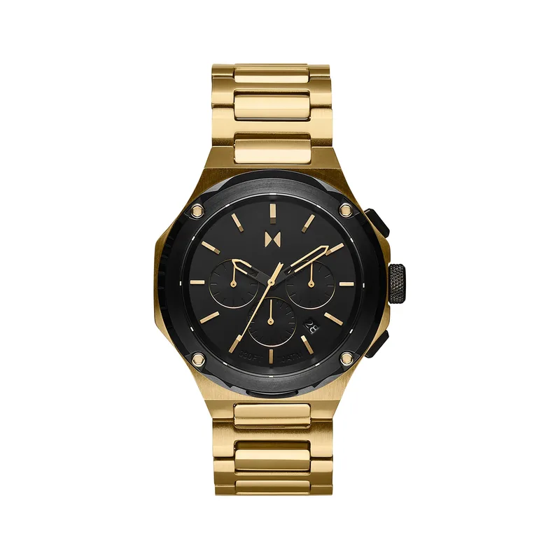 MVMT Mens Raptor Solar Gold Chronograph Stainless Steel Watch Black Dial