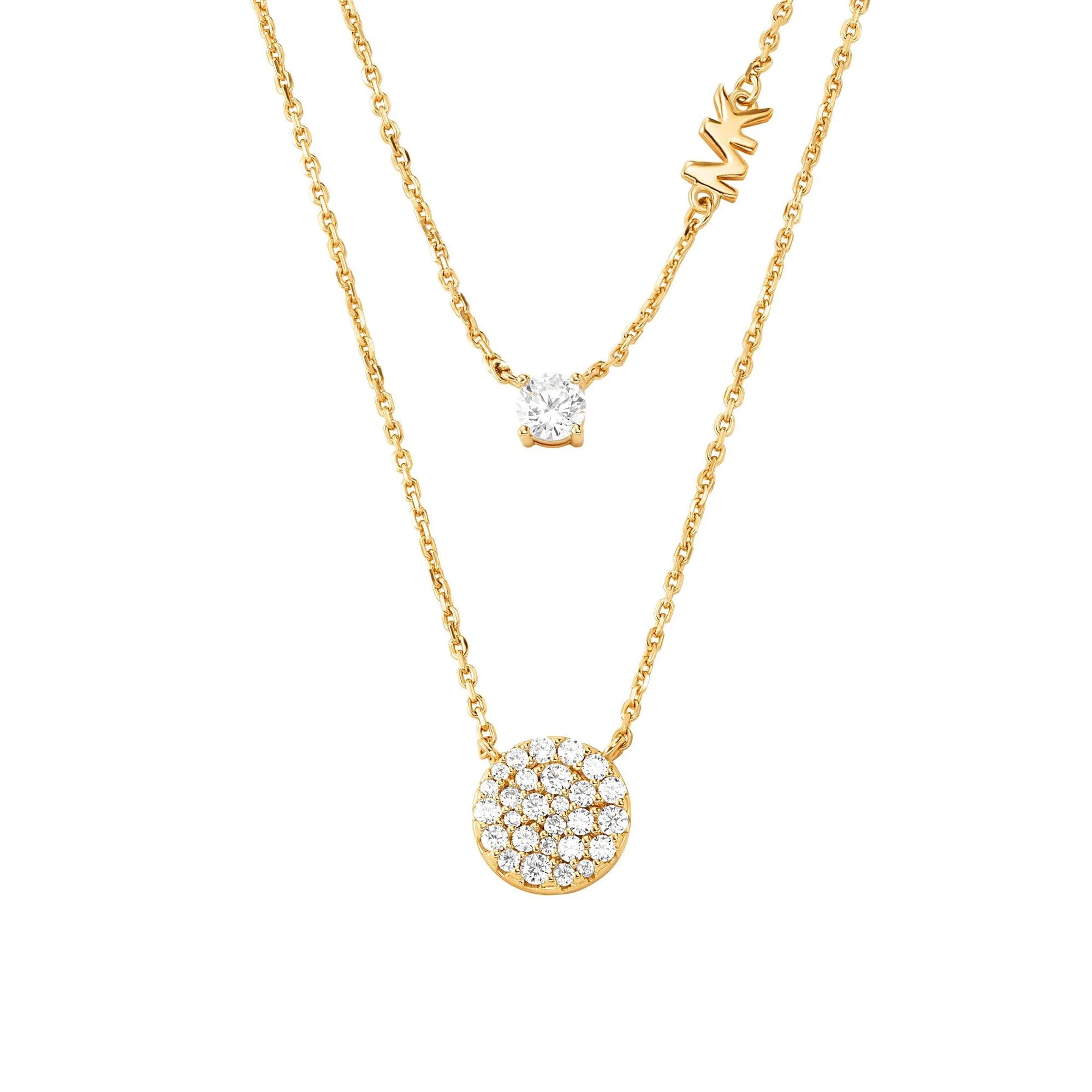 Michael Kors Precious Metal Sterling Silver Pave Disc Layer Necklace 14K Gold Plated