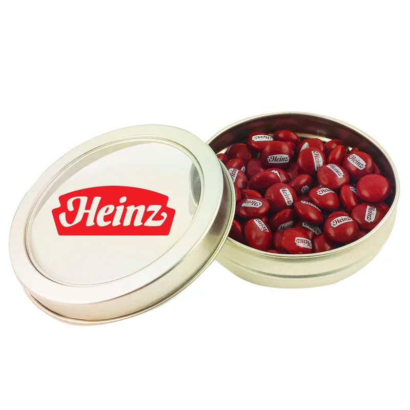 Top View Tin w/Imprinted Chocolate Buttons