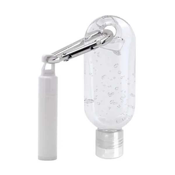1.9 oz Clear Sanitizer with Carabiner attached to SPF 15 Lip Balm view 3